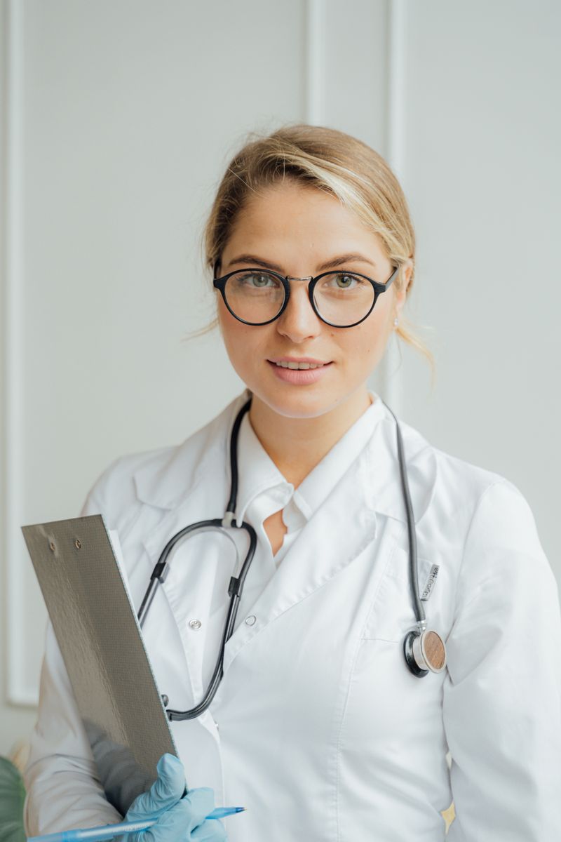 Smiling clinician in a white coat holding a clipboard, stethoscope around her neck